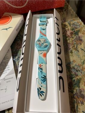 Swatch Turquoise and Coral Tropical Graphic Silicone Watch